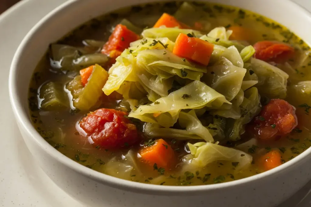 7 Best Cabbage Soup Weight Loss Tips That Actually Help 12 Current image: Close up cabbage soup weight loss bowl with cabbage tomatoes carrots and broth