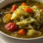 Close up cabbage soup weight loss bowl with cabbage tomatoes carrots and broth