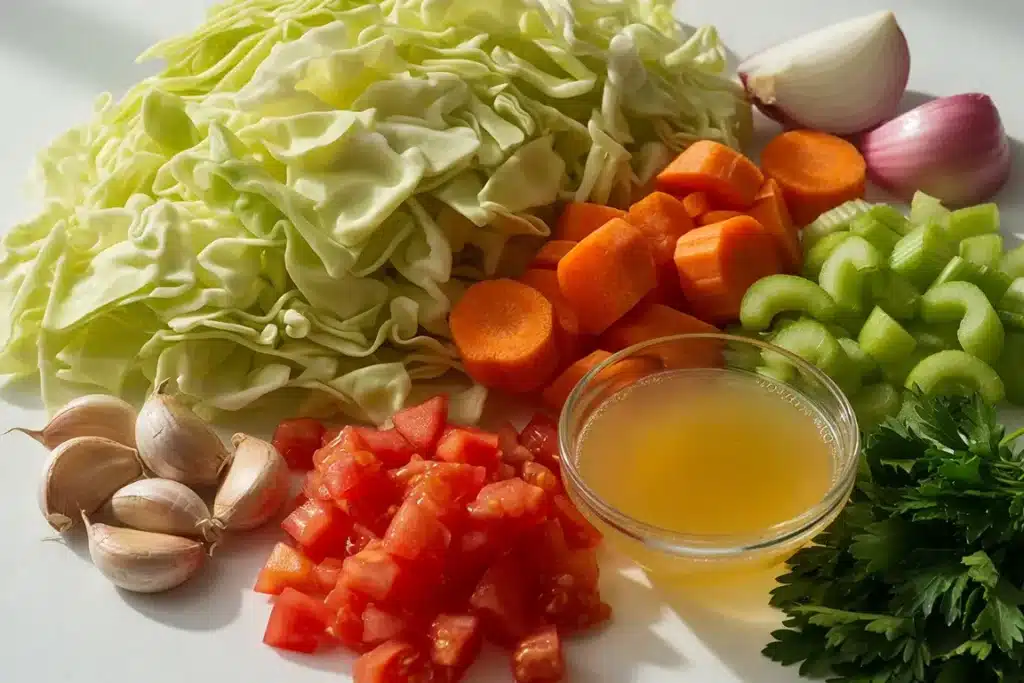 7 Best Cabbage Soup Weight Loss Tips That Actually Help 13 Cabbage soup weight loss ingredients close up with cabbage carrots celery tomatoes and broth