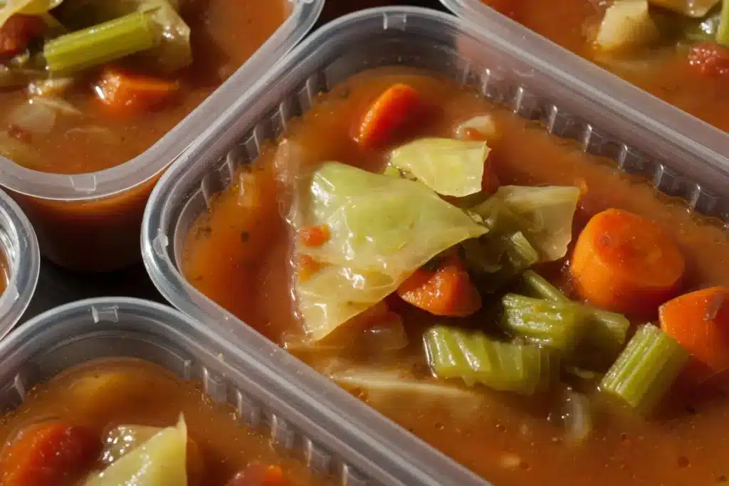 7 Best Cabbage Soup Weight Loss Tips That Actually Help 21 Cabbage soup weight loss meal prep containers close up with soup portions