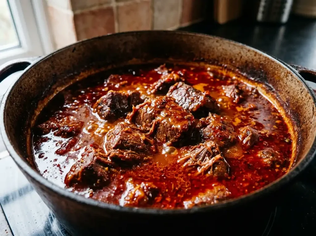 Best Birria Tacos Cheese Recipe for a Crispy Family Feast 14 Beef chuck braising in red chile sauce close up for birria tacos cheese recipe