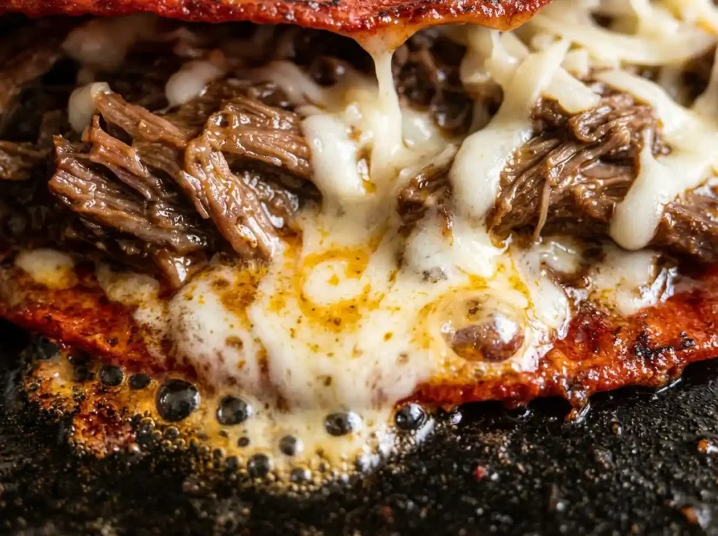 Best Birria Tacos Cheese Recipe for a Crispy Family Feast 17 Melting Oaxaca cheese and beef filling a tortilla close up for birria tacos cheese recipe