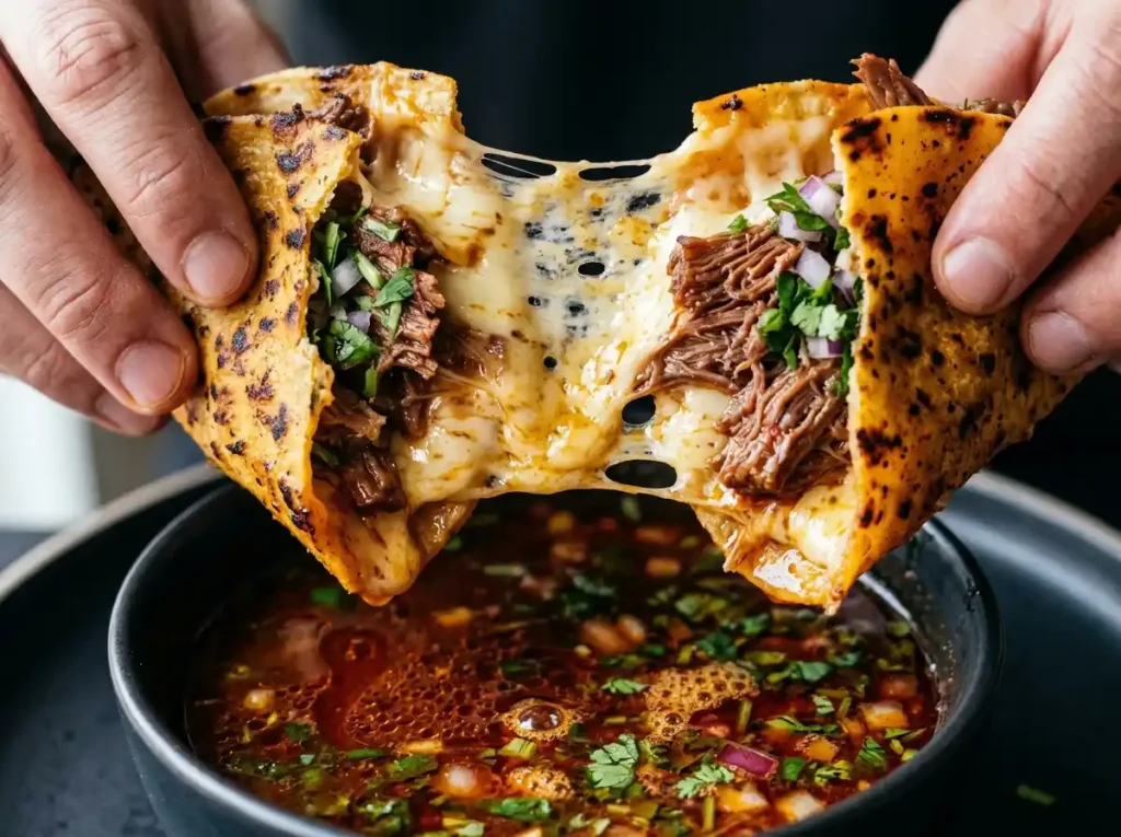 Best Birria Tacos Cheese Recipe for a Crispy Family Feast 19 Finished birria tacos cheese recipe plate close up with consomme onion and cilantro