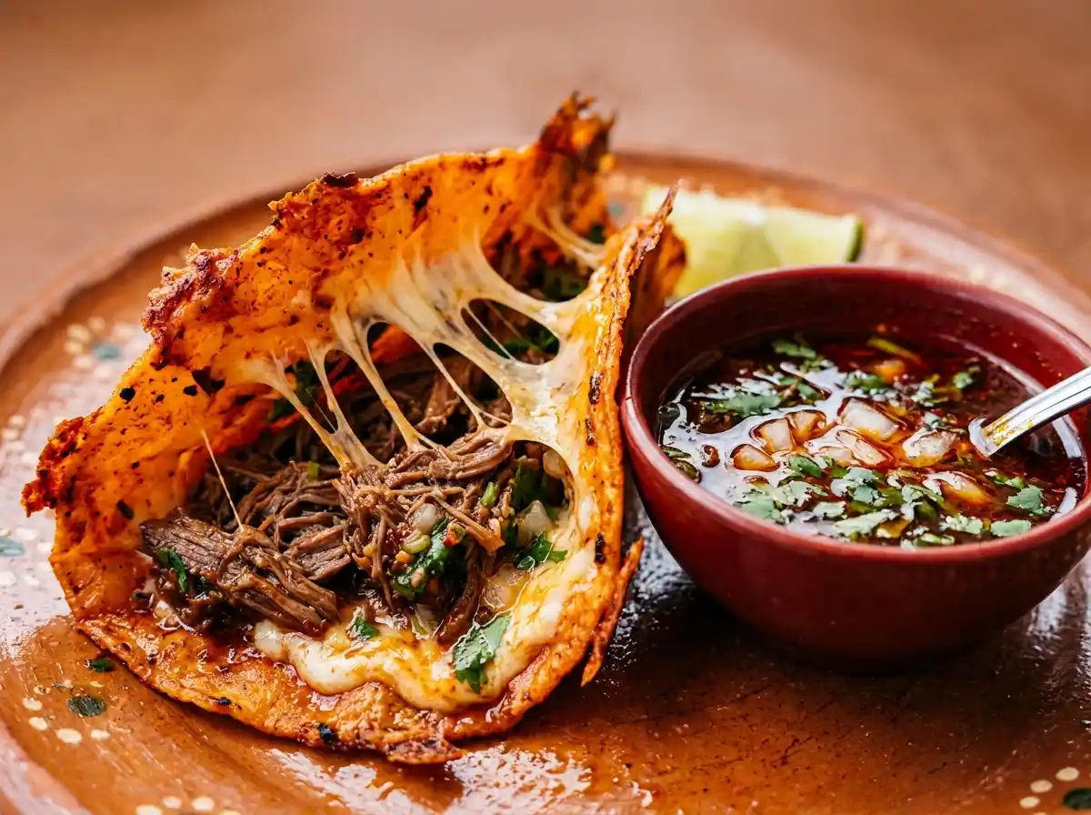Close up birria tacos cheese recipe with melted cheese crispy tortilla and shredded beef