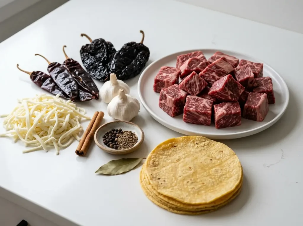Best Birria Tacos Cheese Recipe for a Crispy Family Feast 12 Birria tacos cheese recipe ingredients close up with dried chiles beef cheese and tortillas