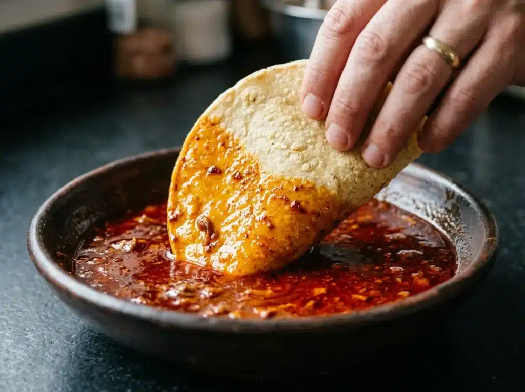 Best Birria Tacos Cheese Recipe for a Crispy Family Feast 16 Corn tortilla being dipped in red fat close up for birria tacos cheese recipe