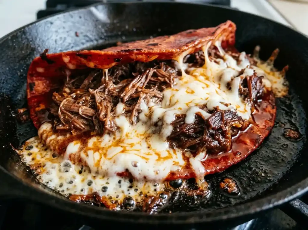 Best Birria Tacos Cheese Recipe for a Crispy Family Feast 15 Shredded beef and red consomme close up for birria tacos cheese recipe