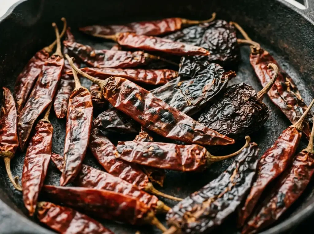 Best Birria Tacos Cheese Recipe for a Crispy Family Feast 13 Dried chiles toasting in a skillet close up for birria tacos cheese recipe