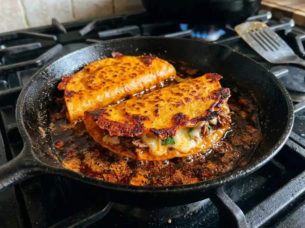 Best Birria Tacos Cheese Recipe for a Crispy Family Feast 18 Birria tacos cheese recipe frying golden in a skillet close up