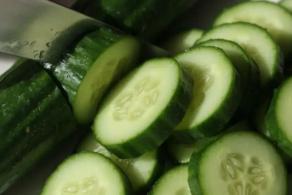 Best Cucumber Melon Salad for a Cool, Juicy Summer Bowl 15 Cucumber slices close up for cucumber melon salad