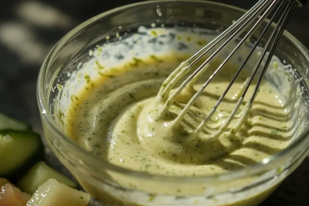 Best Cucumber Melon Salad for a Cool, Juicy Summer Bowl 16 Lime olive oil honey dressing close up for cucumber melon salad