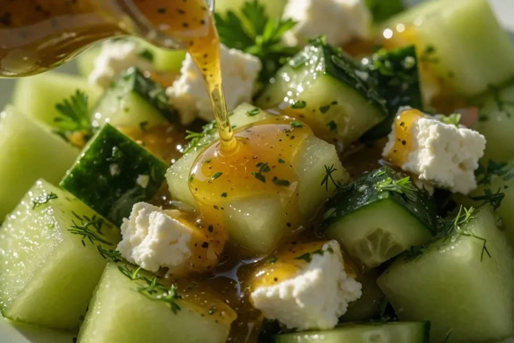 Best Cucumber Melon Salad for a Cool, Juicy Summer Bowl 18 Dressing being drizzled over cucumber melon salad close up