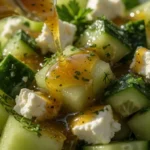 Best Cucumber Melon Salad for a Cool, Juicy Summer Bowl 20 Dressing being drizzled over cucumber melon salad close up
