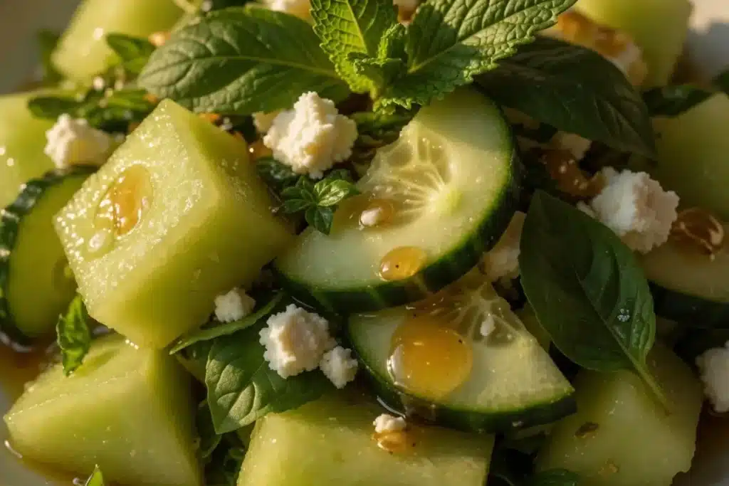 Best Cucumber Melon Salad for a Cool, Juicy Summer Bowl 22 Final close up cucumber melon salad with honeydew cucumber feta and herbs