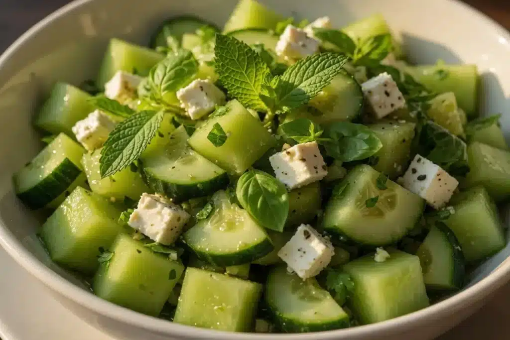 Best Cucumber Melon Salad for a Cool, Juicy Summer Bowl 19 Finished cucumber melon salad close up with feta mint and lime dressing