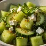 Close up cucumber melon salad with honeydew cucumber feta and mint