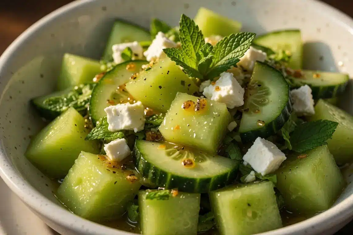 Close up cucumber melon salad with honeydew cucumber feta and mint