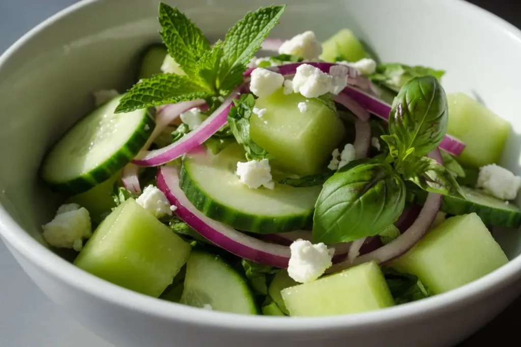 Best Cucumber Melon Salad for a Cool, Juicy Summer Bowl 17 Melon cucumber feta and herbs in bowl close up for cucumber melon salad