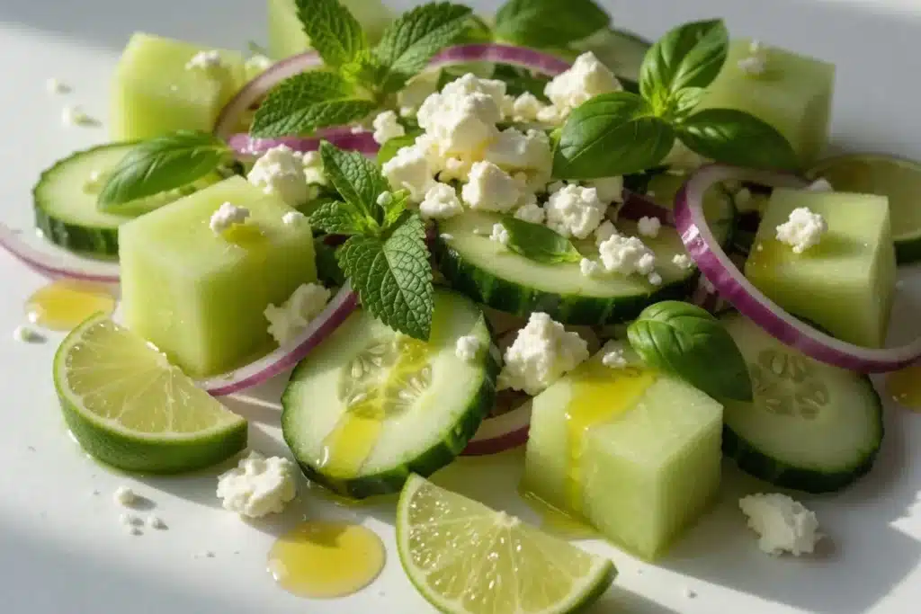 Best Cucumber Melon Salad for a Cool, Juicy Summer Bowl 13 Cucumber melon salad ingredients close up with honeydew cucumber feta mint and lime