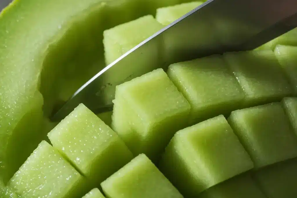 Best Cucumber Melon Salad for a Cool, Juicy Summer Bowl 14 Honeydew melon being cut close up for cucumber melon salad