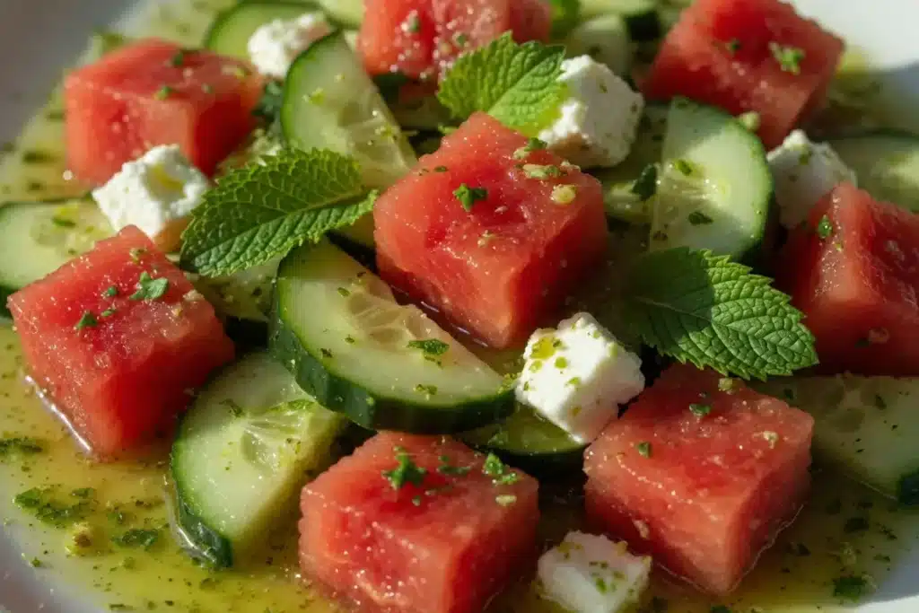 Best Cucumber Melon Salad for a Cool, Juicy Summer Bowl 21 Cucumber and watermelon salad variation close up with feta and mint