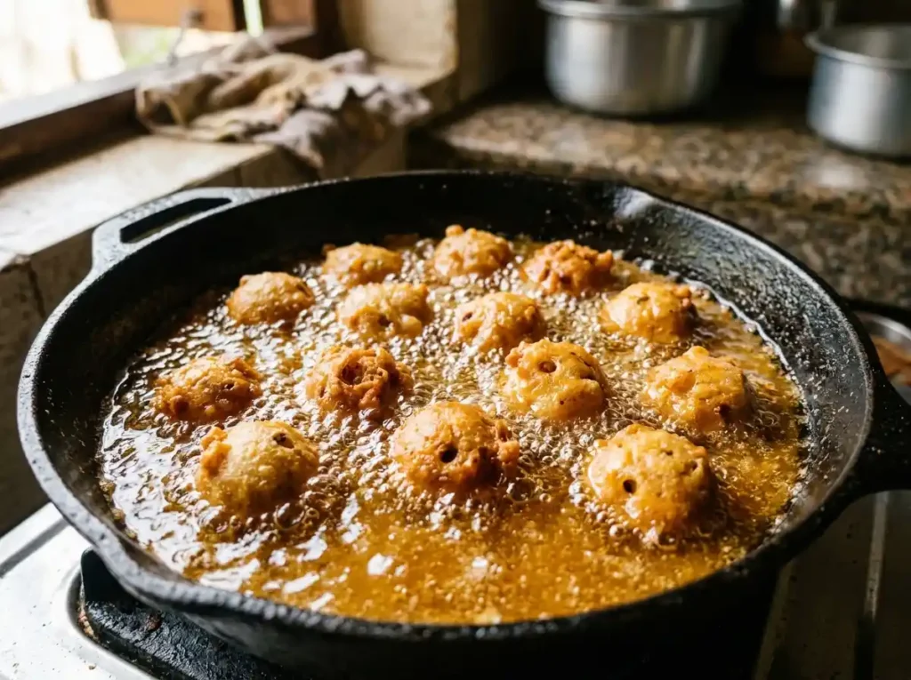  Frying African banana trick fritters until golden brown
