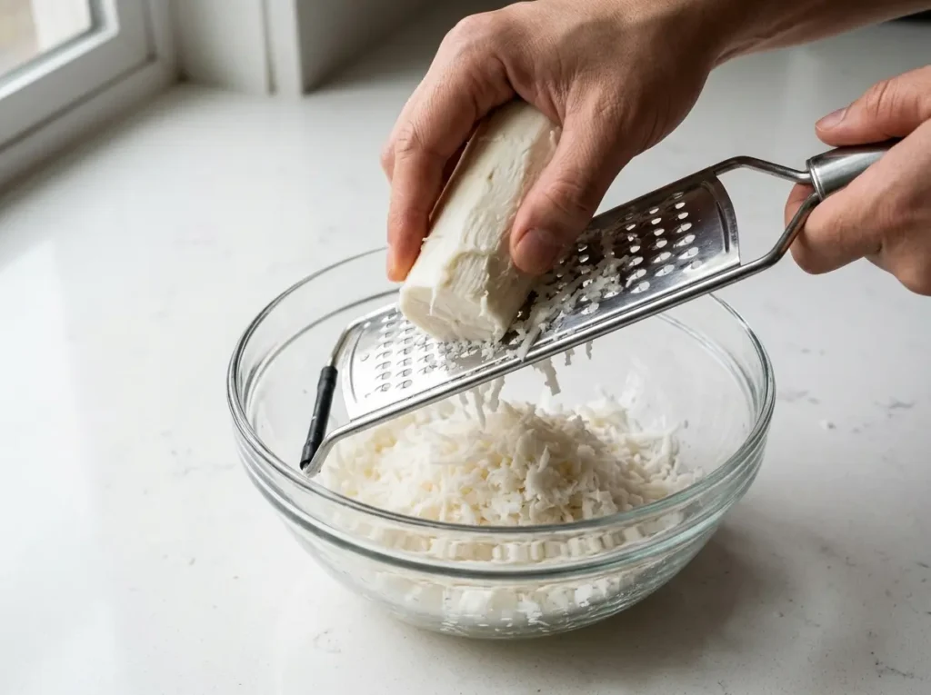 Grating cassava for African banana trick fritter recipe