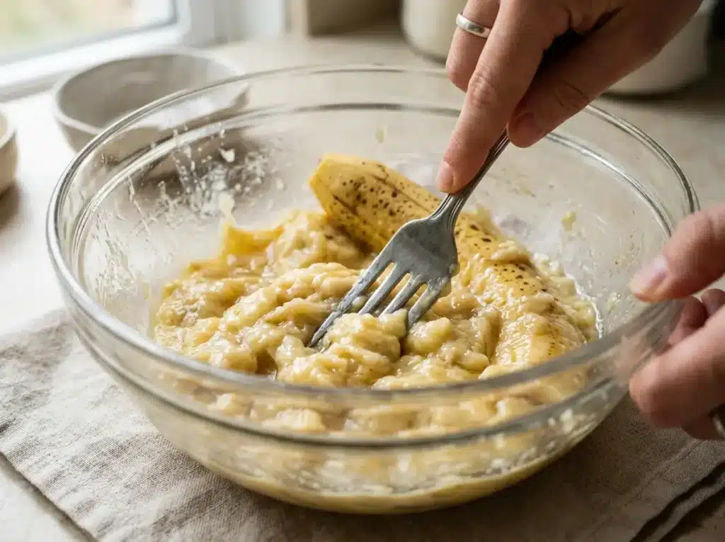 Mashing ripe bananas for African banana trick fritters