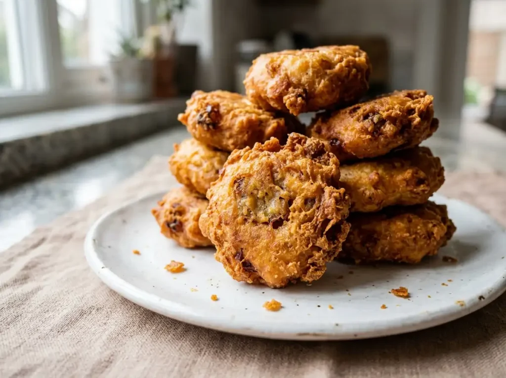 Current image: African banana trick fritters golden and crispy on a plate
