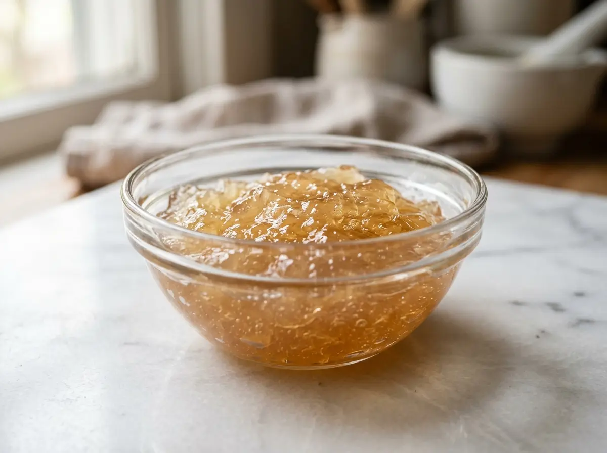 Bloomed gelatin in a glass bowl showing soft swollen texture