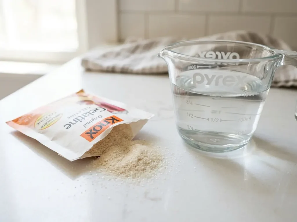 Gelatin powder and cold water measured for bloom gelatin recipe