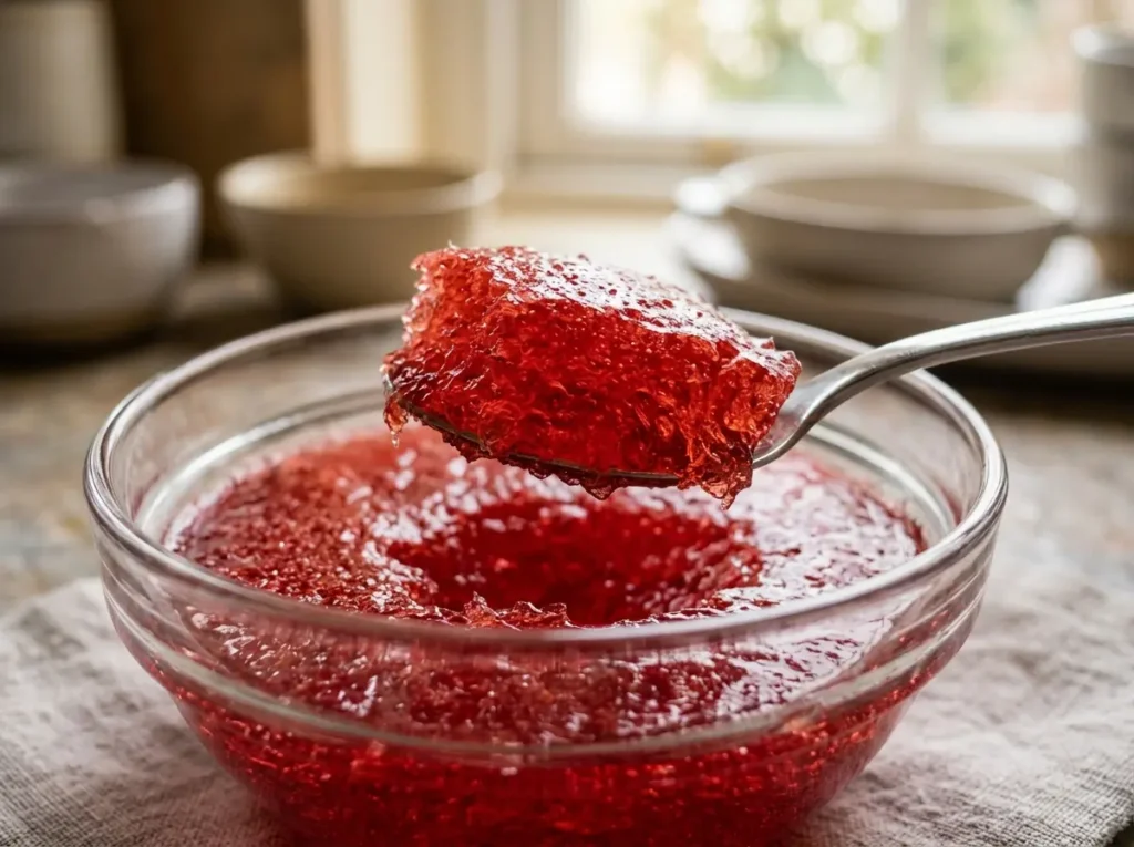 Spoon lifting bloomed gelatin showing spongy texture