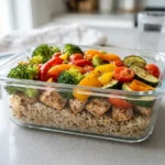 15-minute high-protein meal prep aesthetic in a clear container