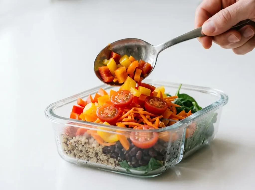 15-Minute High-Protein Meal Prep: 1 Easy Aesthetic Guide 14 Adding colorful vegetables to 15-minute high-protein meal prep aesthetic