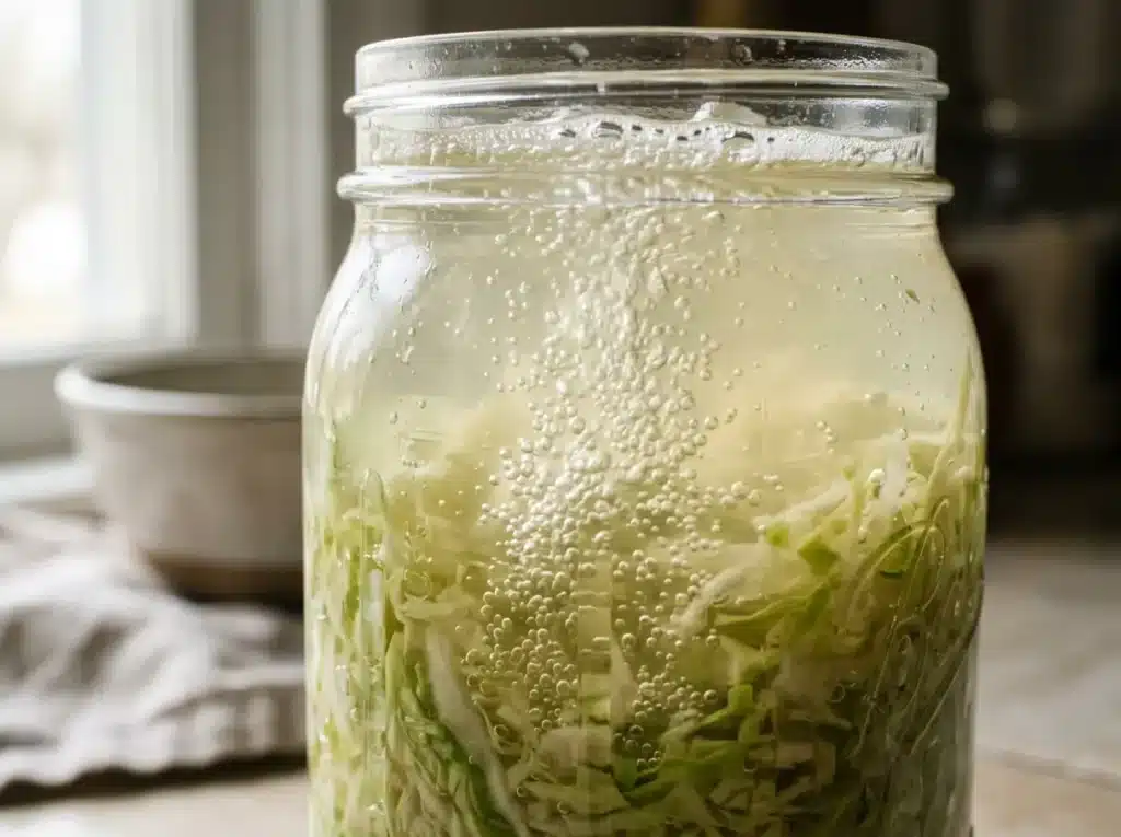 Fermentation bubbles in fermented cabbage recipes for gut health