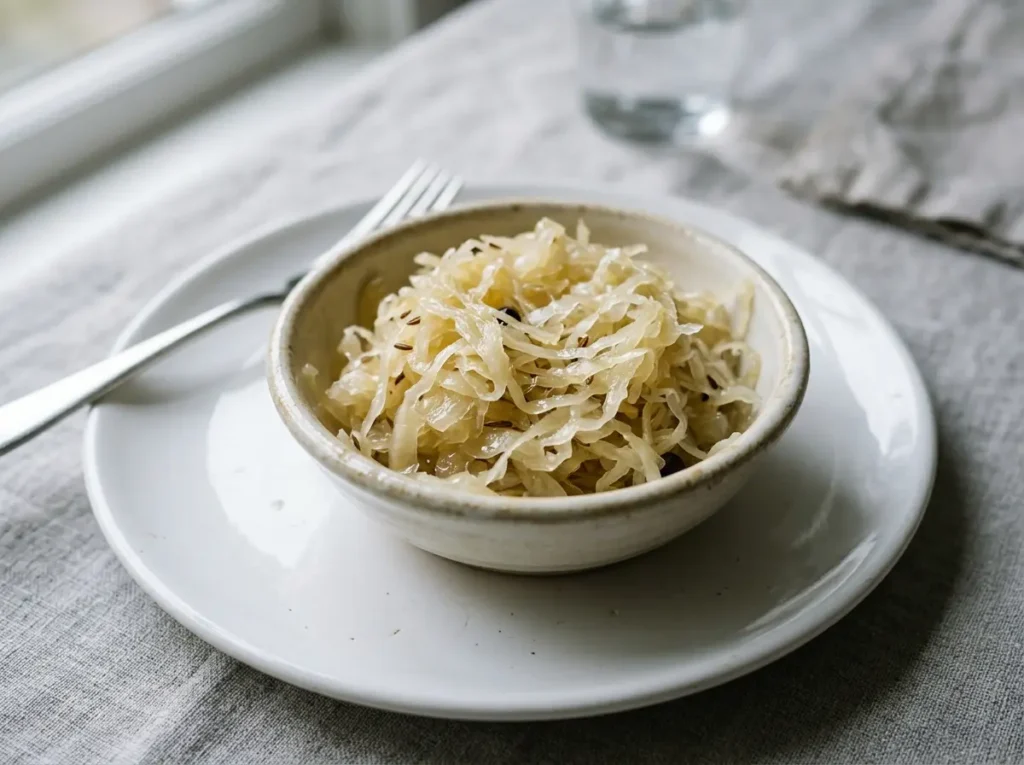 Serving of fermented cabbage recipes for gut health on a plate