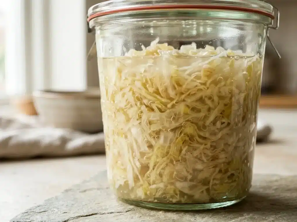 Current image: Fermented cabbage recipes for gut health in a glass jar with brine