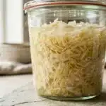 Fermented cabbage recipes for gut health in a glass jar with brine