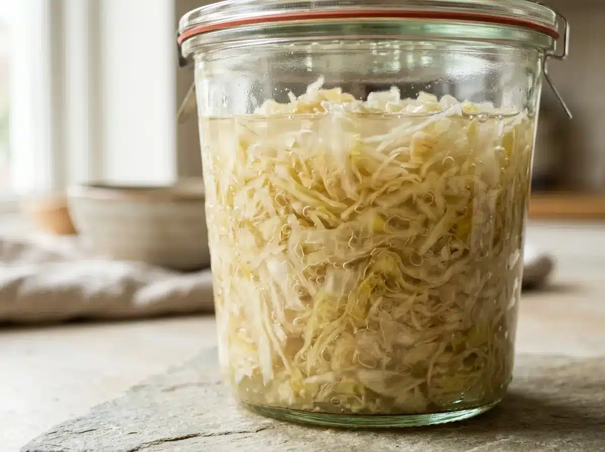 Fermented cabbage recipes for gut health in a glass jar with brine