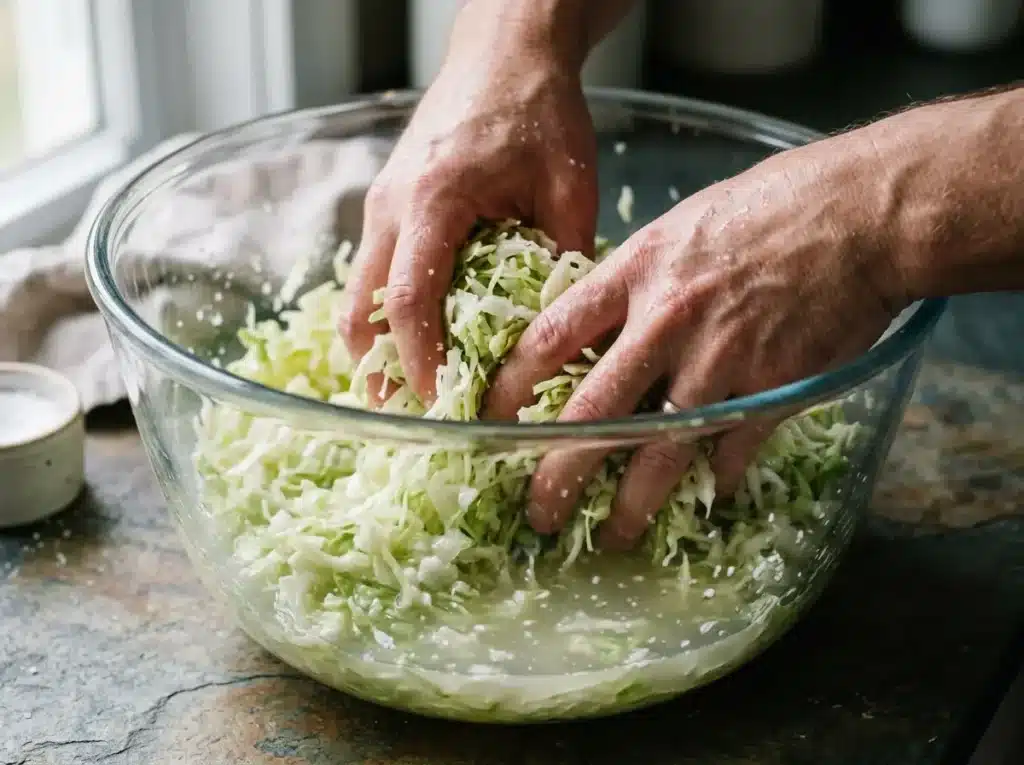 Massaging salted cabbage to release brine for gut health recipe