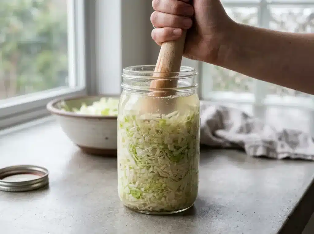 Packing cabbage into a jar for fermented cabbage recipes for gut health