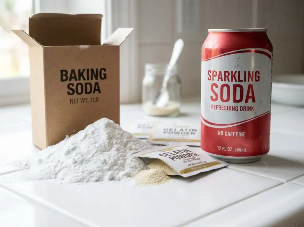 Baking soda, soda, and gelatin powder claimed in horse soda trick videos