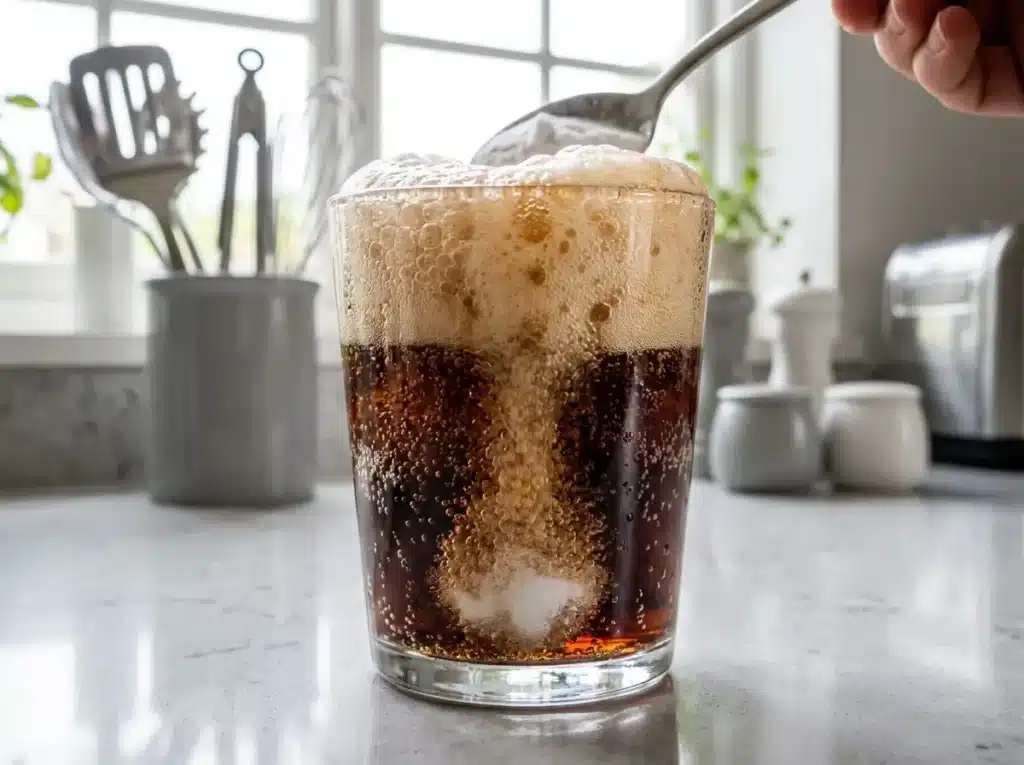 Baking soda fizzing in soda showing the horse soda trick reaction