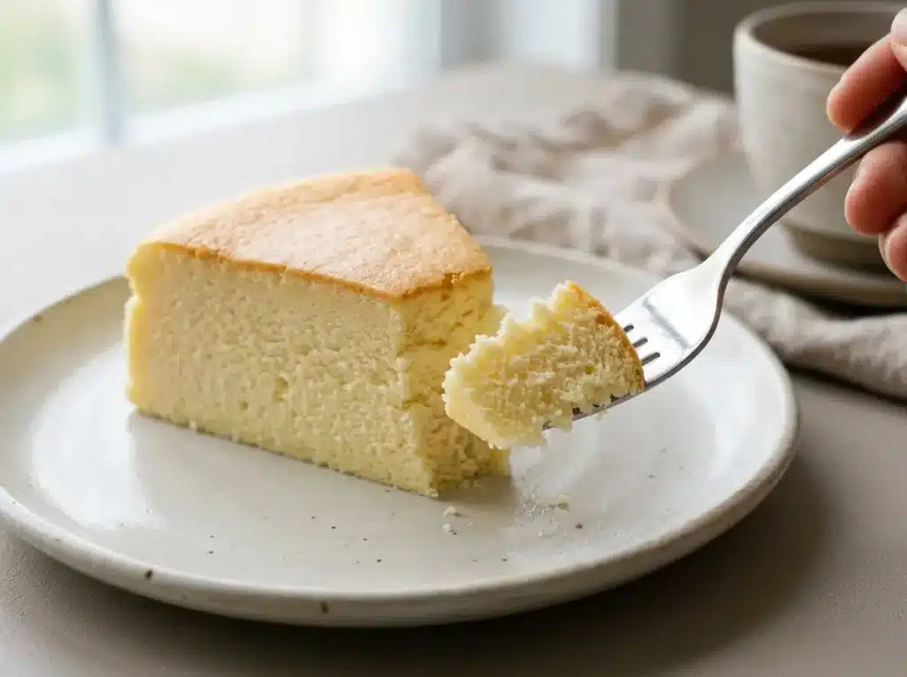 Fork lifting a piece of Japanese cheesecake showing airy crumb