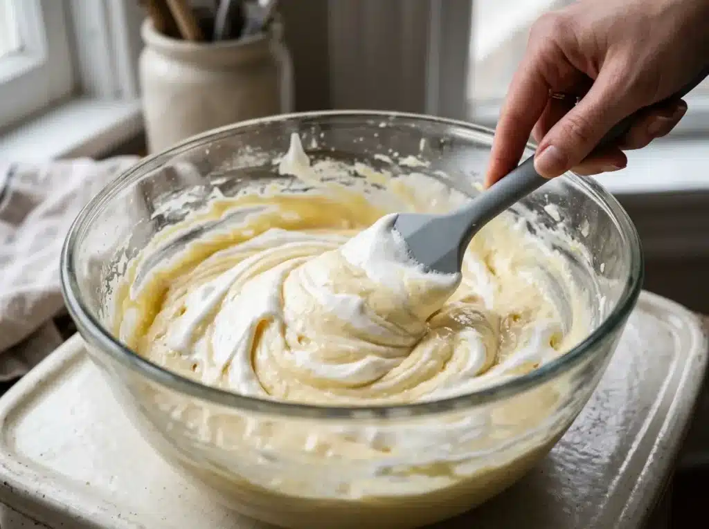 Folding meringue into Japanese cheesecake batter