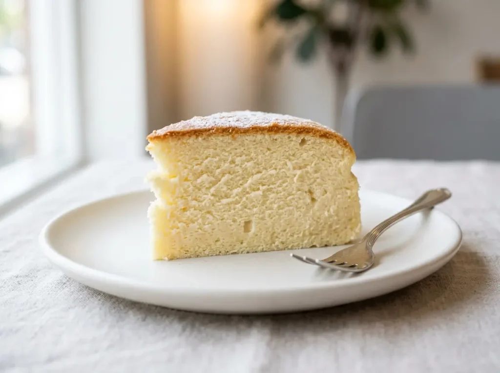 Current image: Japanese cheesecake slice showing light jiggly texture