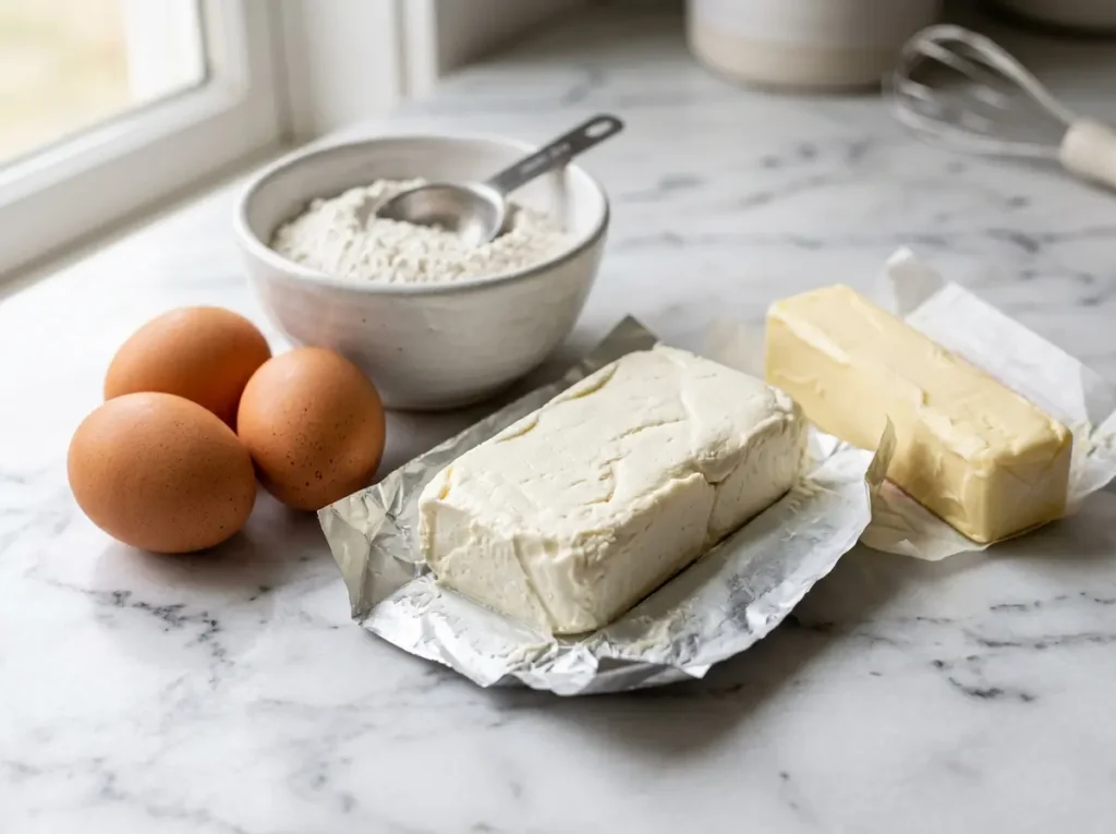 Cream cheese, eggs, and cake flour for Japanese cheesecake recipe