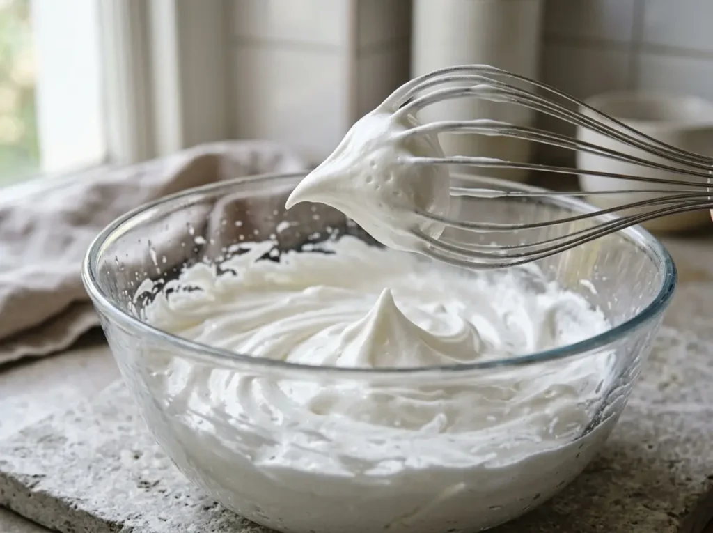 Whipped meringue soft peaks for Japanese cheesecake recipe