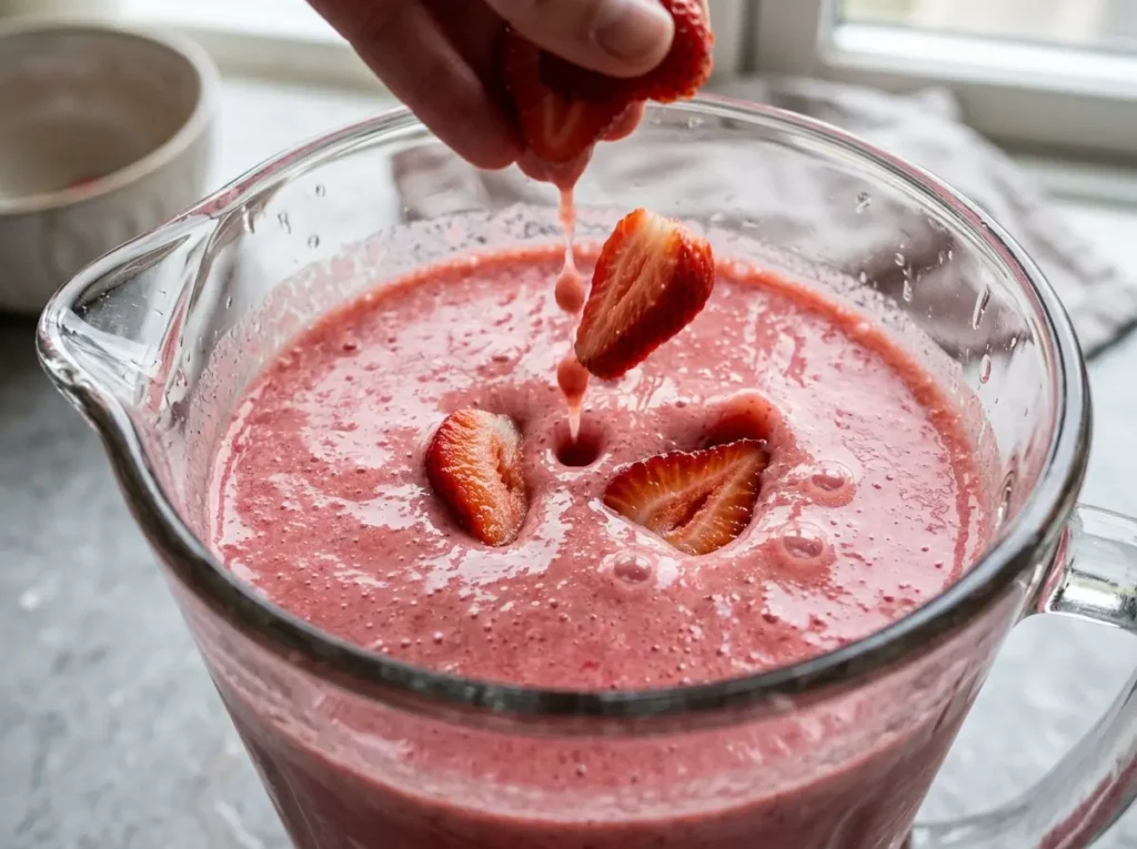 Pink Drink Recipe: 1 Easy Starbucks Copycat at Home 13 Adding sliced strawberries to pink drink mixture