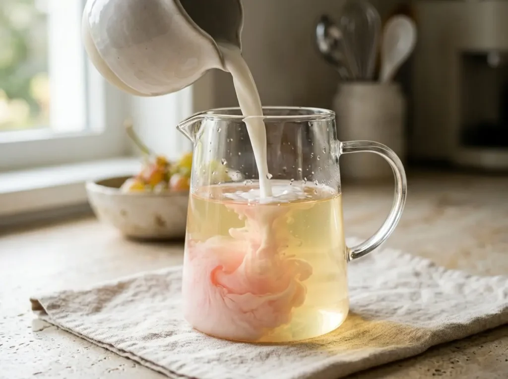 Pink Drink Recipe: 1 Easy Starbucks Copycat at Home 12 Pouring coconut milk into white grape juice for pink drink